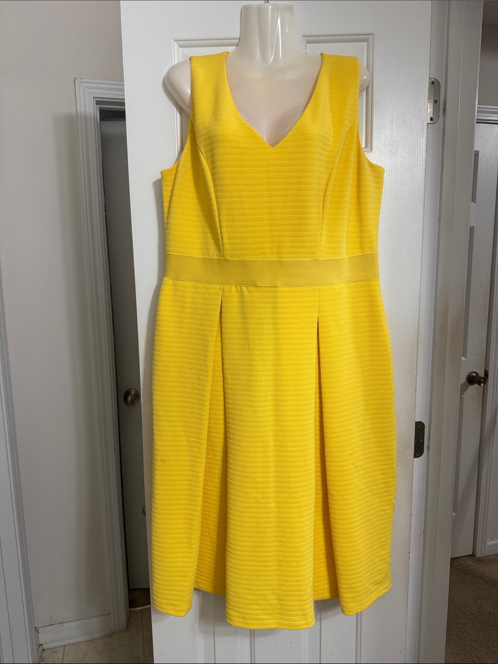 New York & Company Bright Yellow V-Neck Pleated Fit-and-Flare Dress